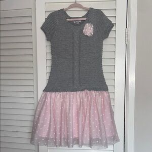 Blueberi Boulevard Gray Knit Dress with Pink Polka Dot Skirt